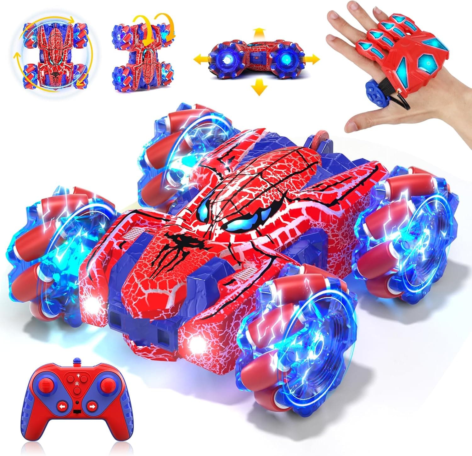 Spider Gesture Sensing Remote Control Car, Double Sided RC Cars with Full-body Light, 2.4GHz Hand Controlled Rechargeable RC Stunt Car Spider Toys for Boys 4 5 6 7 8 9 10 11 12
