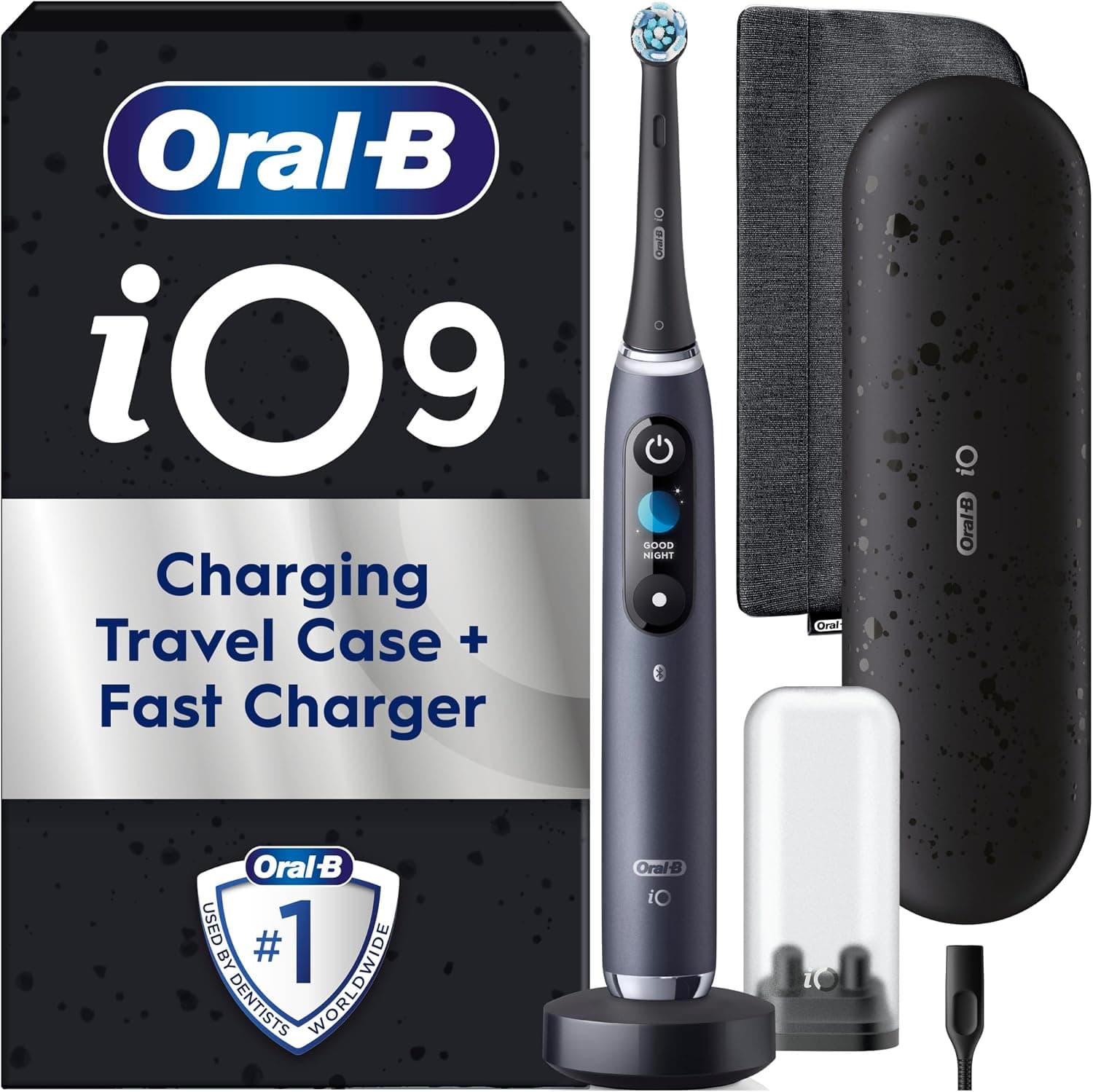 Oral-B iO9 Electric Toothbrush, Black Onyx, 1 Handle - App Connected, 1 Brush Head, Toothbrush for Adults with Charging Travel Case &amp; Magnetic Pouch, 7 Modes, Special Edition, UK Two Pin Plug