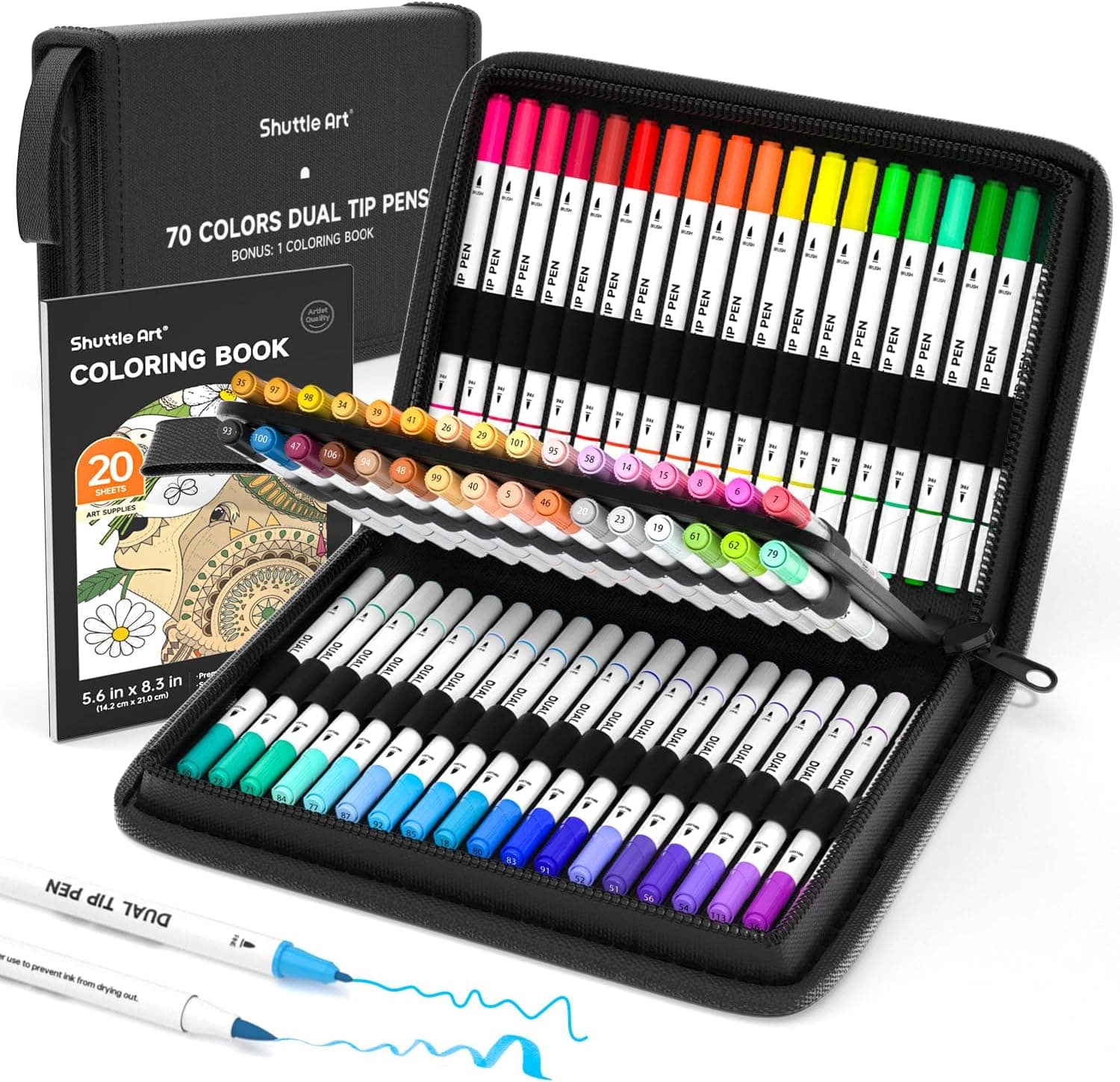 Shuttle Art Dual Tip Brush Pens, 70 Colours Fine and Brush Tip Markers Set with Portable Case &amp; 1 Colouring Book, Felt Tip Colouring Pens for Adults and Children Colouring Calligraphy Journal Doodling