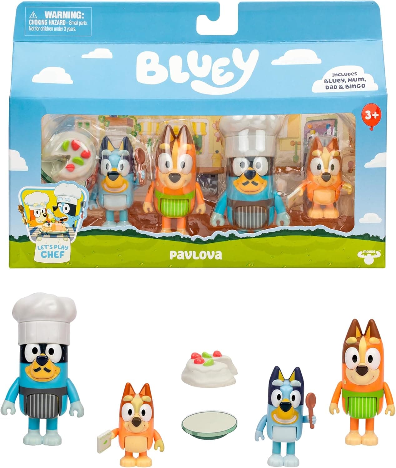 Bluey It's Time For Pavlova With This Pavlova 4 Pack, Includes, Bingo, Bandit In His Chef Hat and Chilli and 2 Accessories, Four 6-7.6 CM Articulated Figures