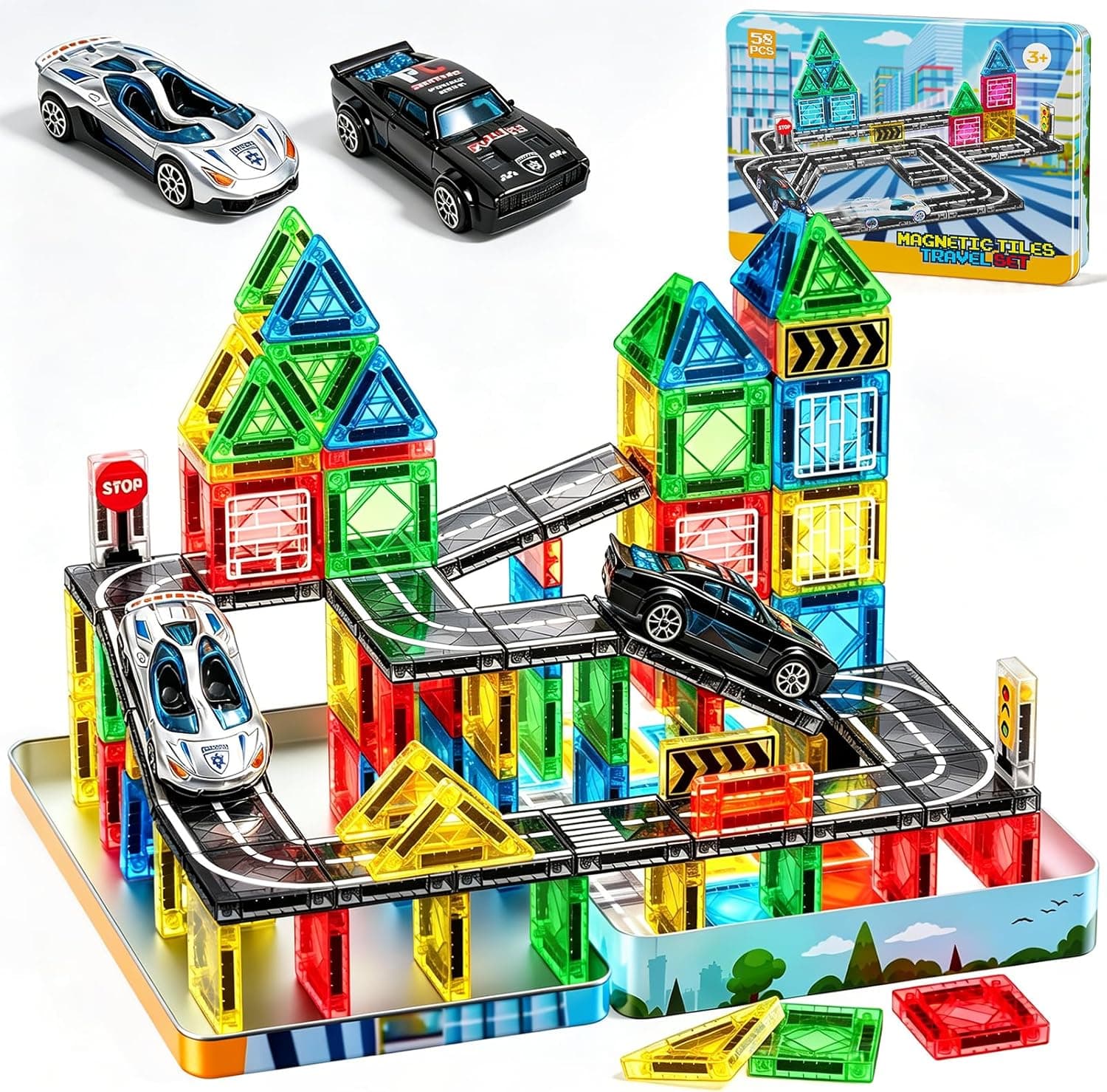 iKidiki 58 PCS Mini Travel Magnetic Tiles Set, 3 4 5 6 Year Old Boy Girl Gifts, Plane Activities for Kids, Boys Toys Age 3-6 Magnetic Blocks Building Toddler Travel Toys