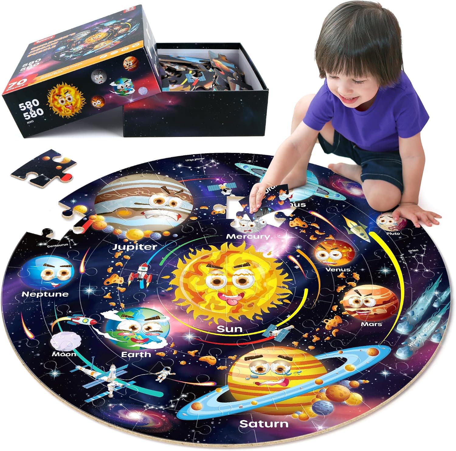 SYNARRY Giant Solar System Floor Jigsaw Puzzle for Kids 3 4 5 6 7 8 Year Olds, 70 Piece Big Round Space Planets Astronaut Jigsaw, Space Toys Gifts for Toddlers Children Boys Girls