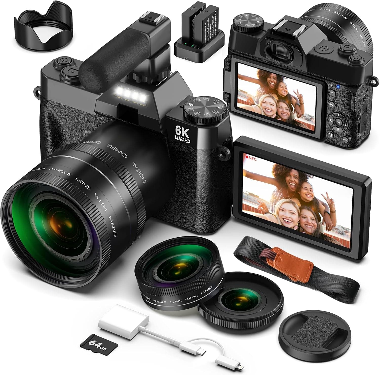 Digital Camera for Photography and Vlogging 6K 64MP with WIFI, Flip Screen Selfie, Macro &amp; Wide-Angle Lens, Microphone for Video, 64GB TF Card, Compact Photo Cameras for YouTube Travel Beginners Black: Amazon.co.uk: Electronics &amp; Photo