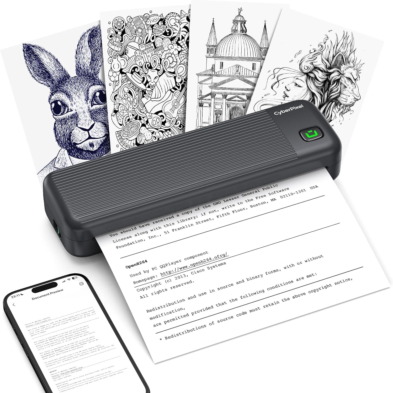 CyberPixel Portable Printer Wireless for Travel, Inkless Bluetooth Thermal Printer Supports A4 &amp; US Letter, Mobile Printers Compatible with iOS, Android, Laptop for Office, Home, Portable Use (BLACK)