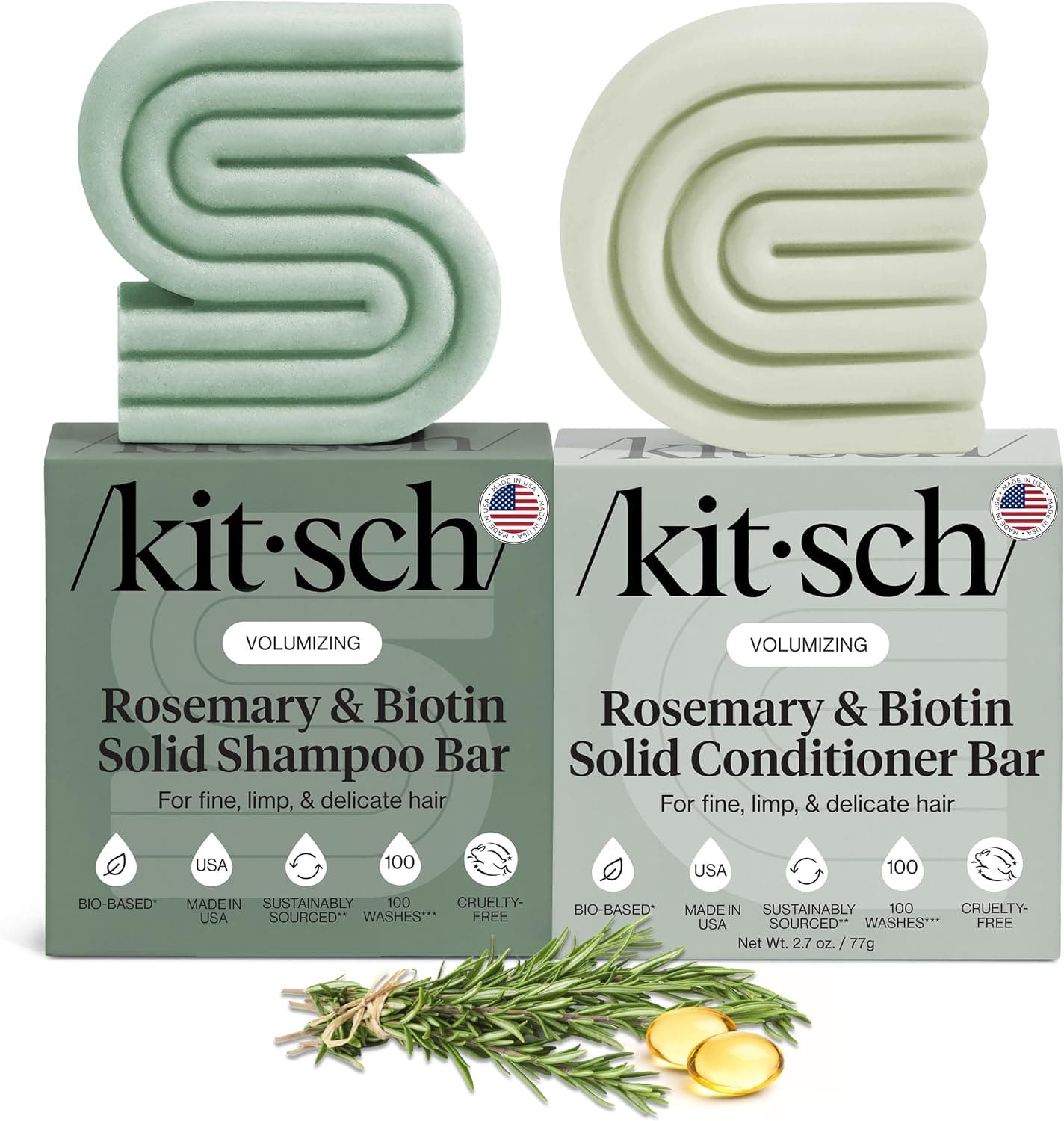 Kitsch Rosemary and Biotin Shampoo &amp; Conditioner Set for Hair Growth - Strengthening, Thickening &amp; Volumizing Shampoo and Conditioner Bar - Paraben, Sulfate &amp; Silicone Free - 2 pack