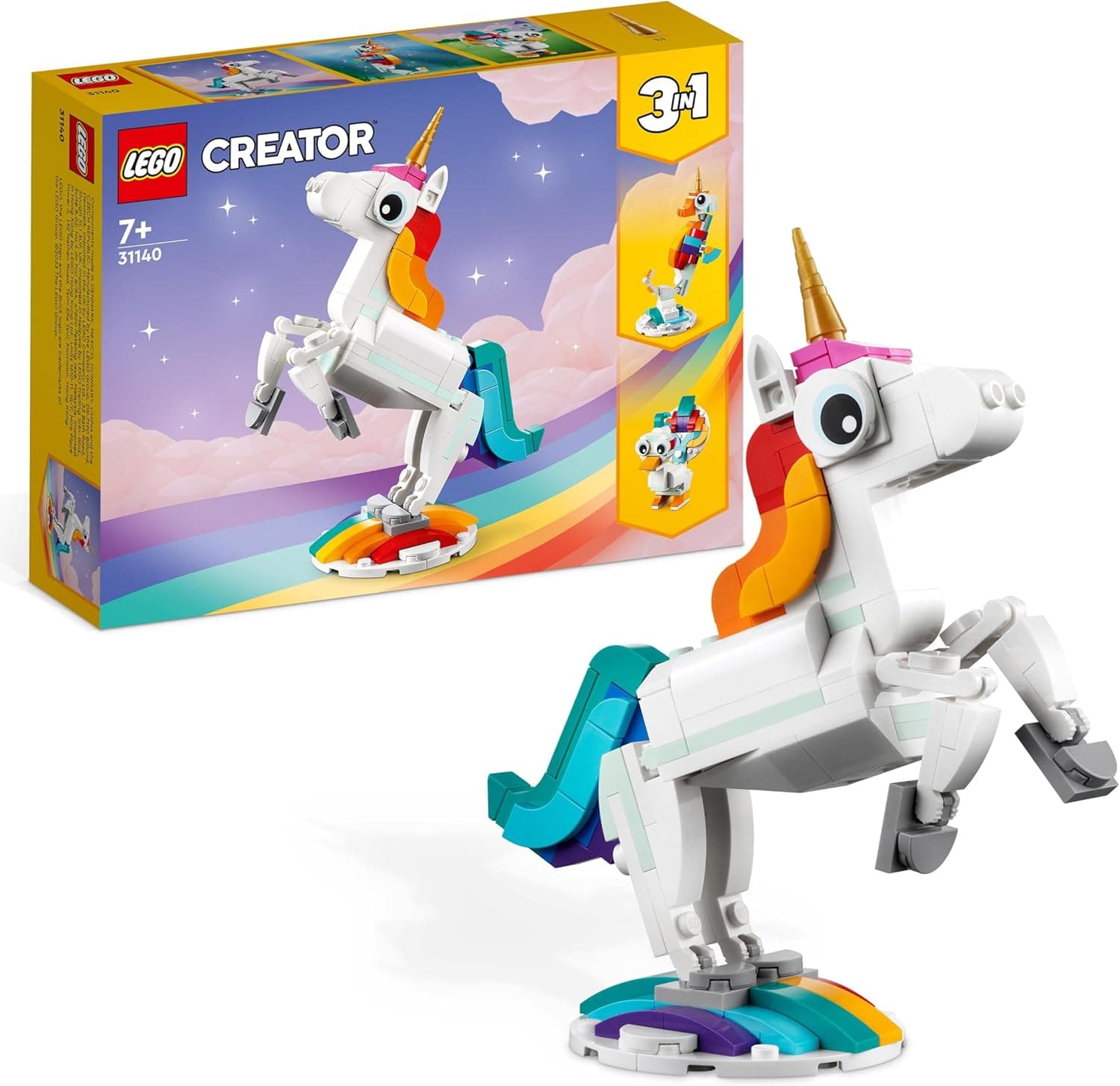 LEGO Creator 3in1 Magical Unicorn Toy - Animal Figure Transforms into a Seahorse or Peacock - Creative Gift for 7+ Year Old Girls &amp; Boys - 31140