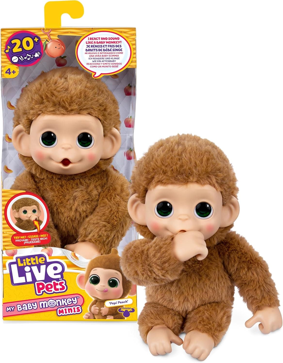Little Live Pets Baby Monkey Minis – Pepi Peach. Interactive Pet Toy. 20+ Sounds &amp; Reactions. Soft Brown Fur, 7.4" Tall. Super Realistic. Feed, Nurture, React. Grippy Hands &amp; Feet. Collect All 3 | 20+ sounds &amp; reactions, soft caramel fur, 7.4in tall, feed &amp; nurture; collect all 3, boys &amp; girls toys