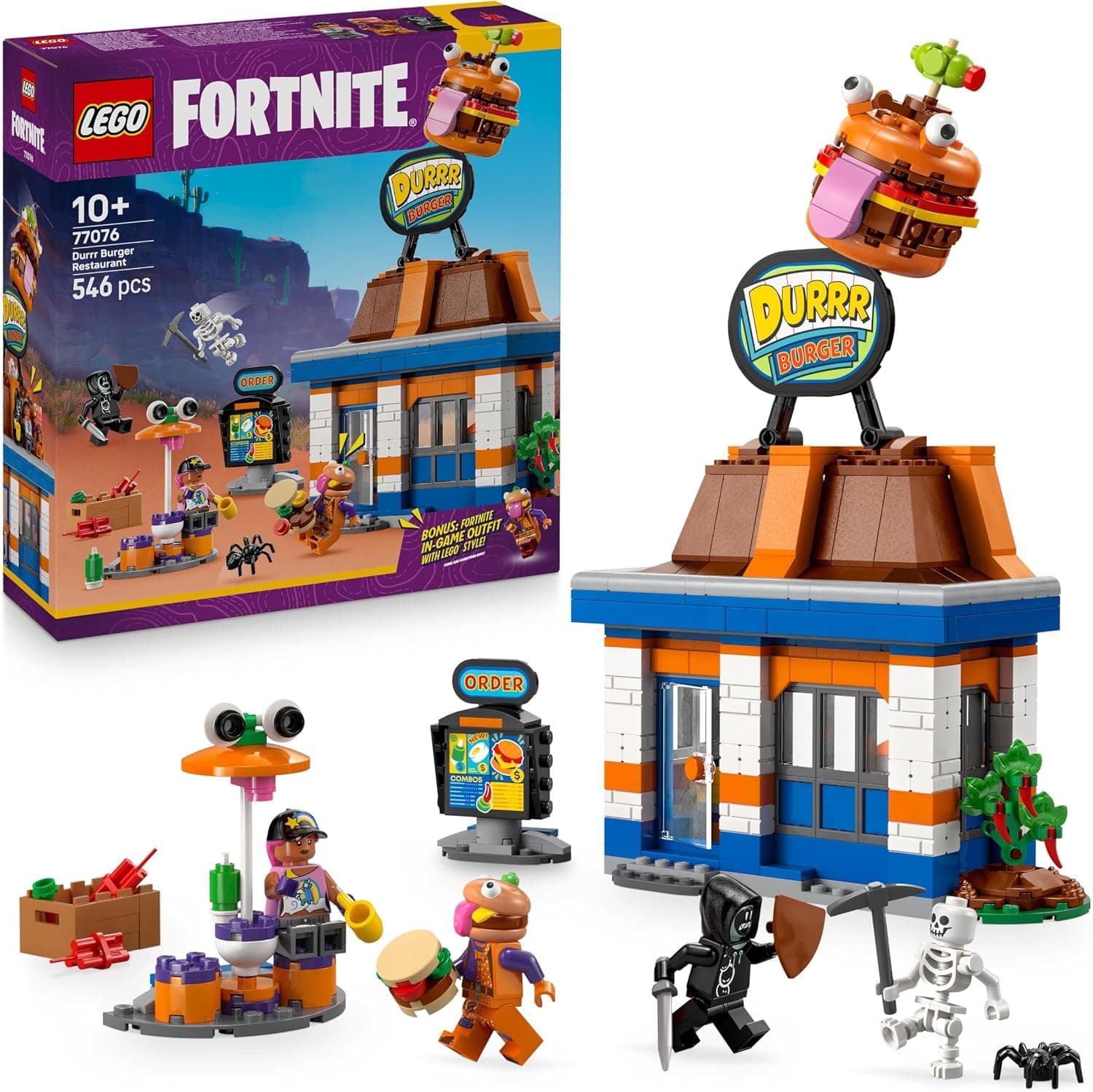 LEGO Fortnite Durrr Burger Restaurant - Creative Toy with Beach Bomber, Beef Boss &amp; Grimey Minifigures - Collectible Gaming Gift for 10+ Year Old Boys &amp; Girls - 77076