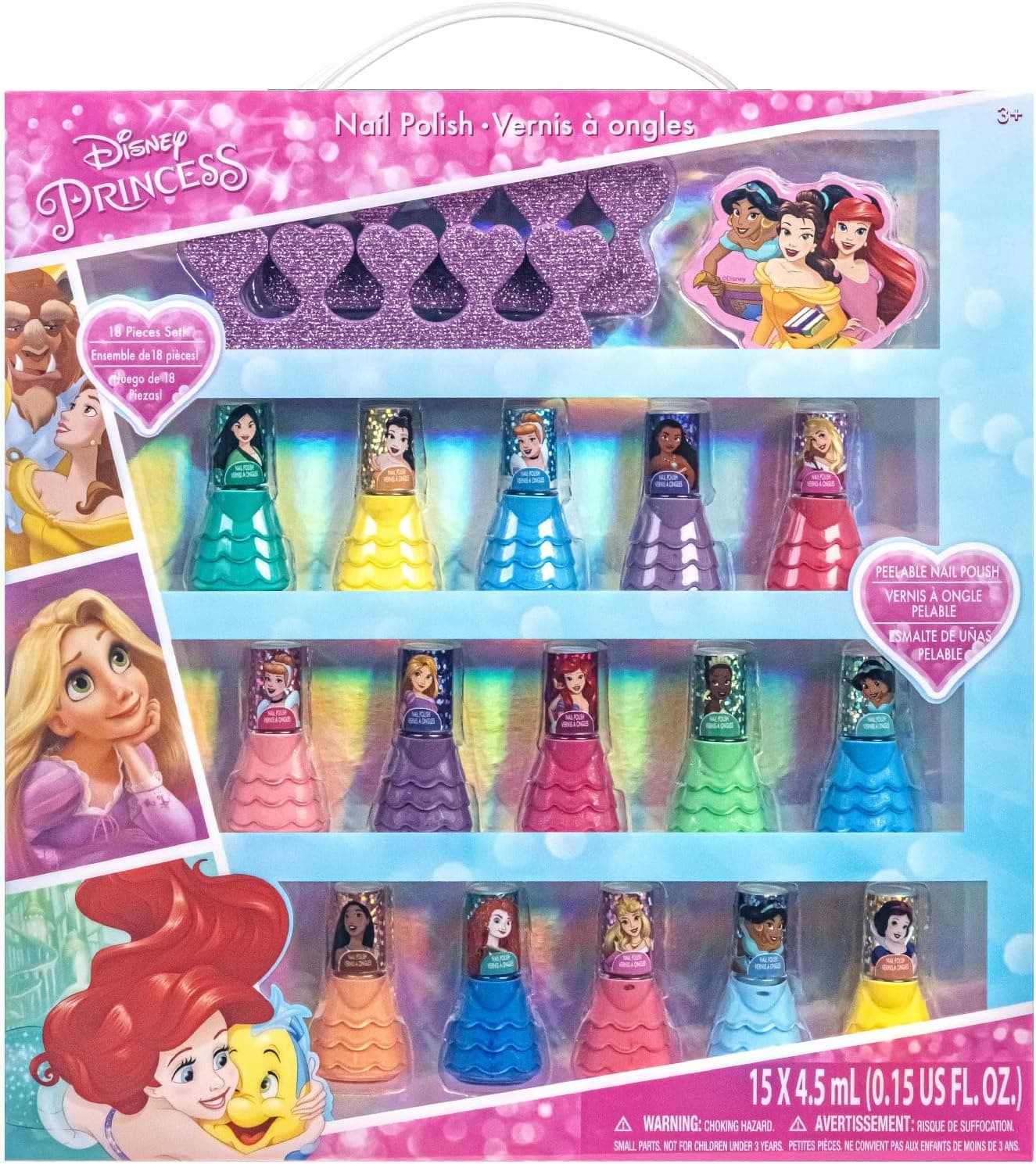 Disney Princess 15 Piece Water Based Nail Polish with 3 Toe Spacers| Quick Dry Peel Off Gift Kit Set for Kids Girls by Townley Girl
