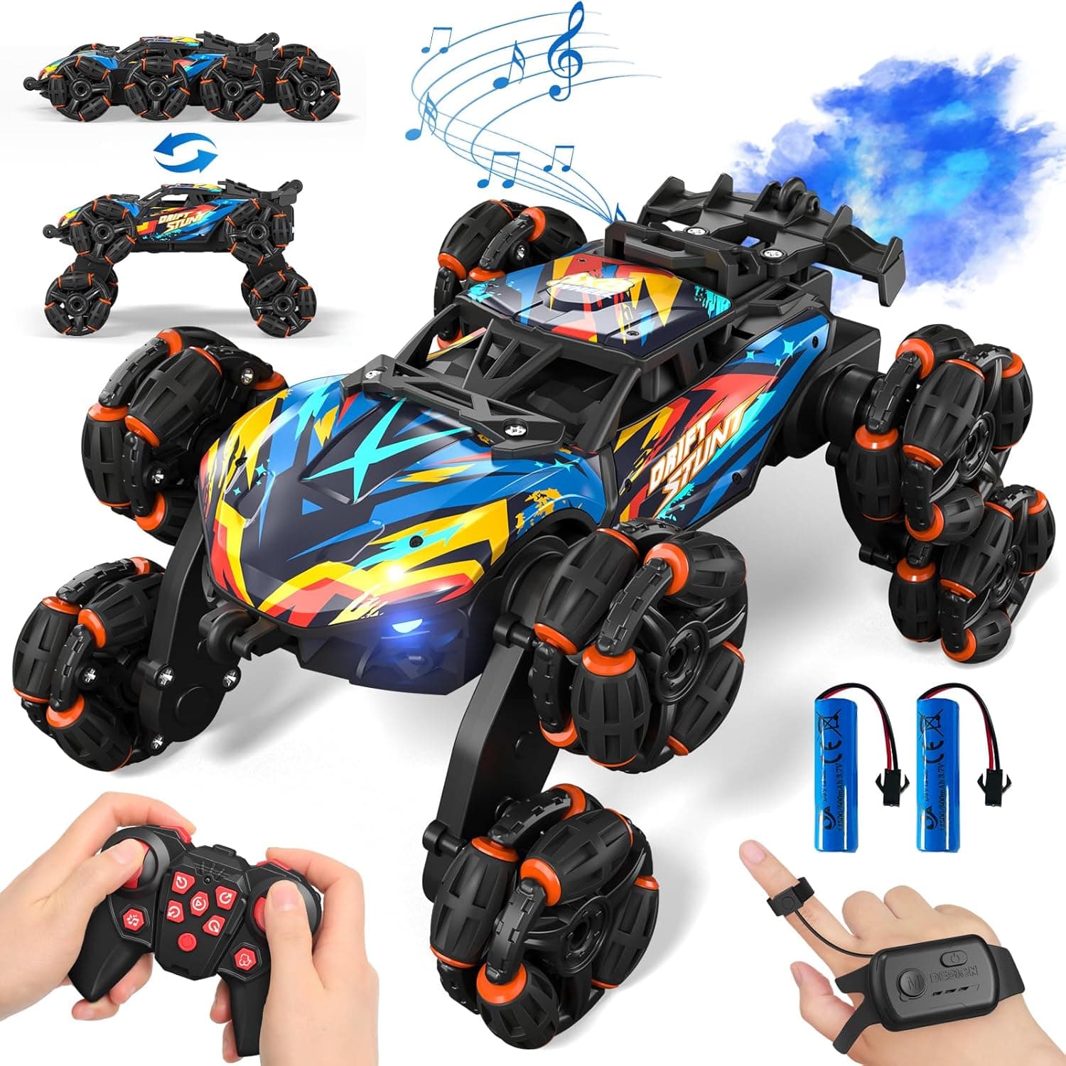 Remote Control Cars, 8WD Hand Gesture Sensing RC Stunt Cars, RC Drift Car with LED Light, Music and Spray, Remote Control Toys Gifts for 3 4 5 6 7 8 9 10 11 12 Years Old Boys, Cool Car Toys for Kids