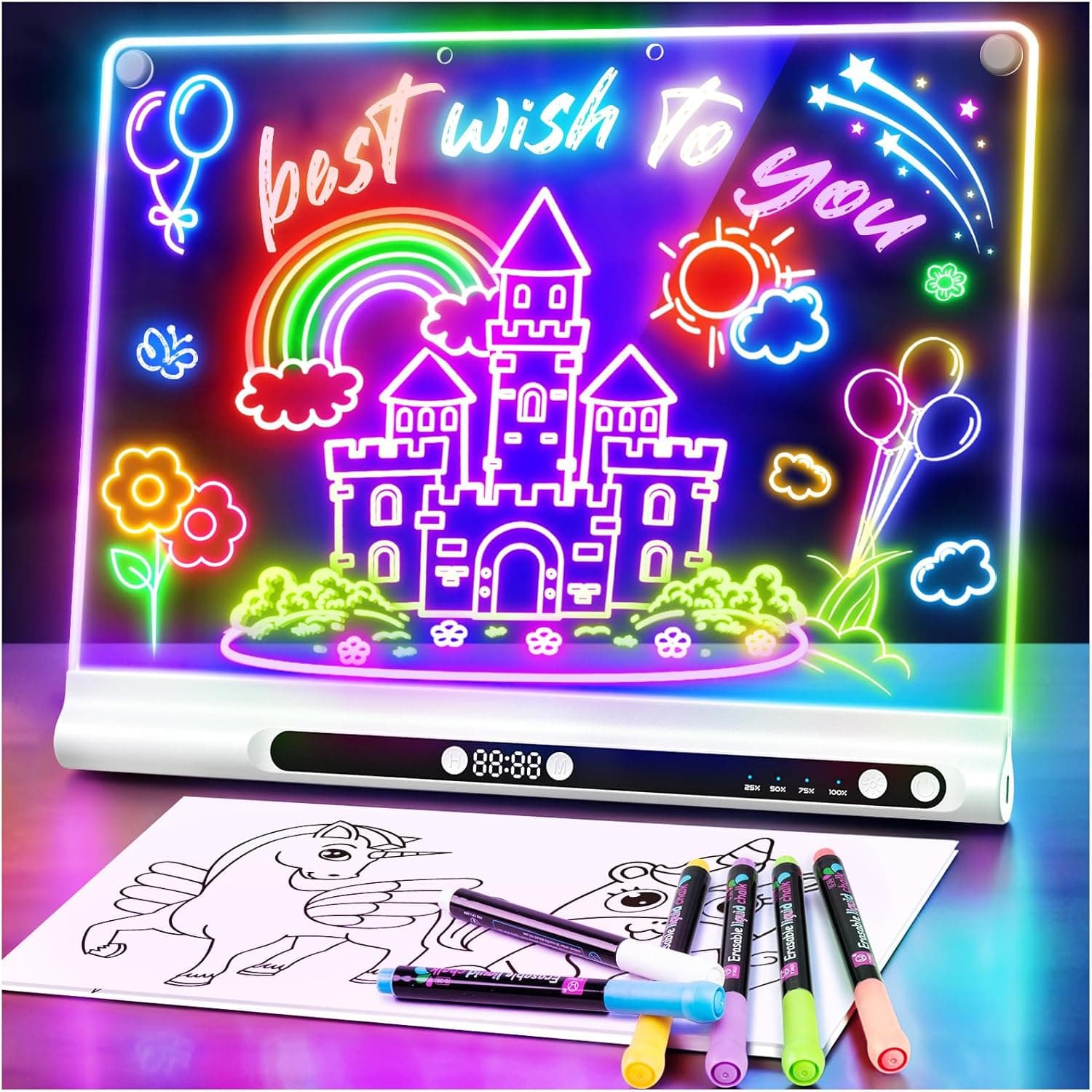 16“ Rechargeable LED Drawing Board, 9-Color Light Modes with Timer &amp; Built-in Stand, Neon Art Dry Erase Glow Up Doodle Note Pad, Sketching Gift Toy for Kids/Girls/Teens, 6 Markers &amp; Tracing Book-White