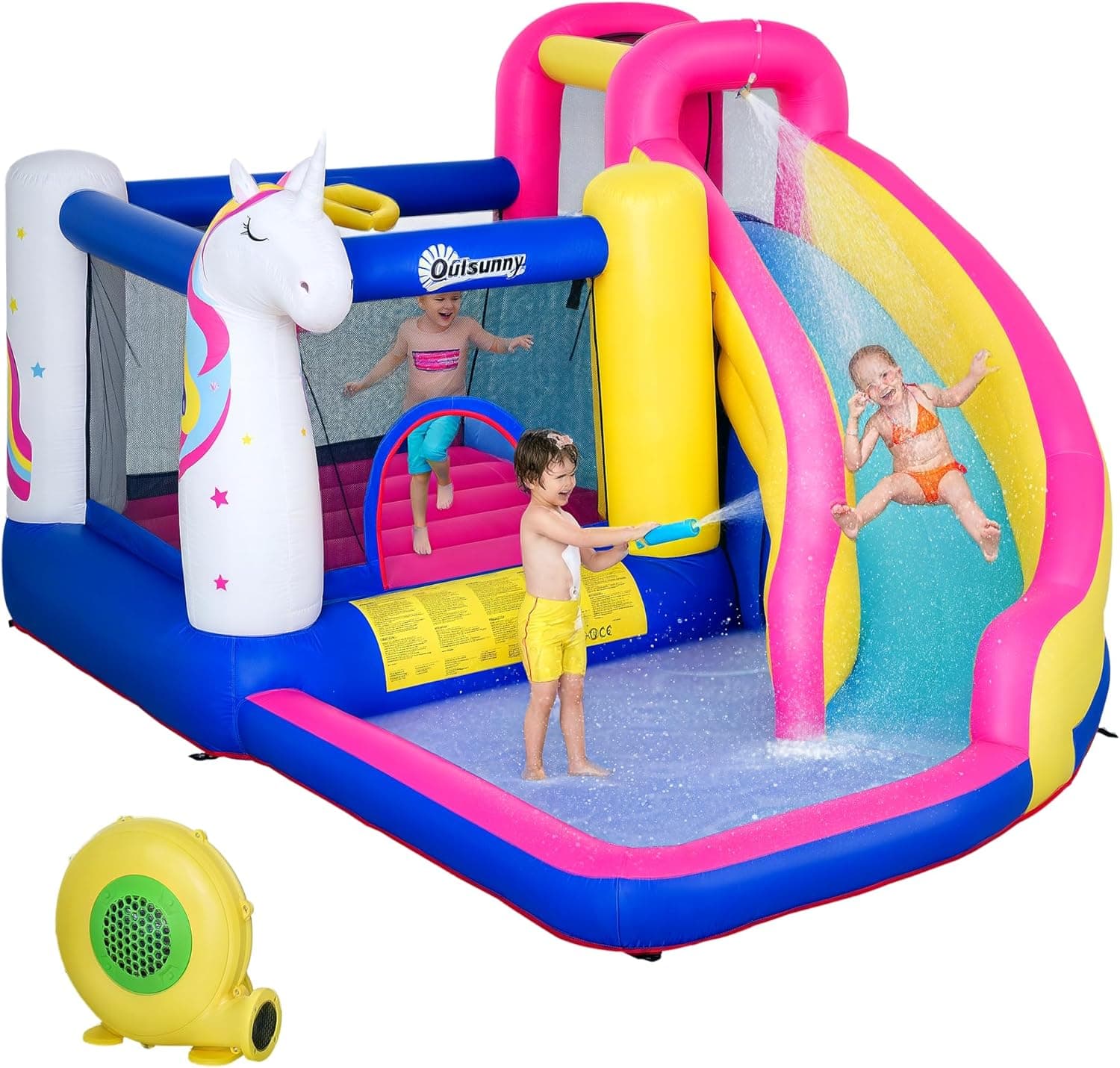 Outsunny Bouncy Castle for Children, 5 in 1 Inflatable Bounce House Unicorn Design with Blower, Slide, Climbing Wall, Basketball Hoop, for Ages 3-8 Years