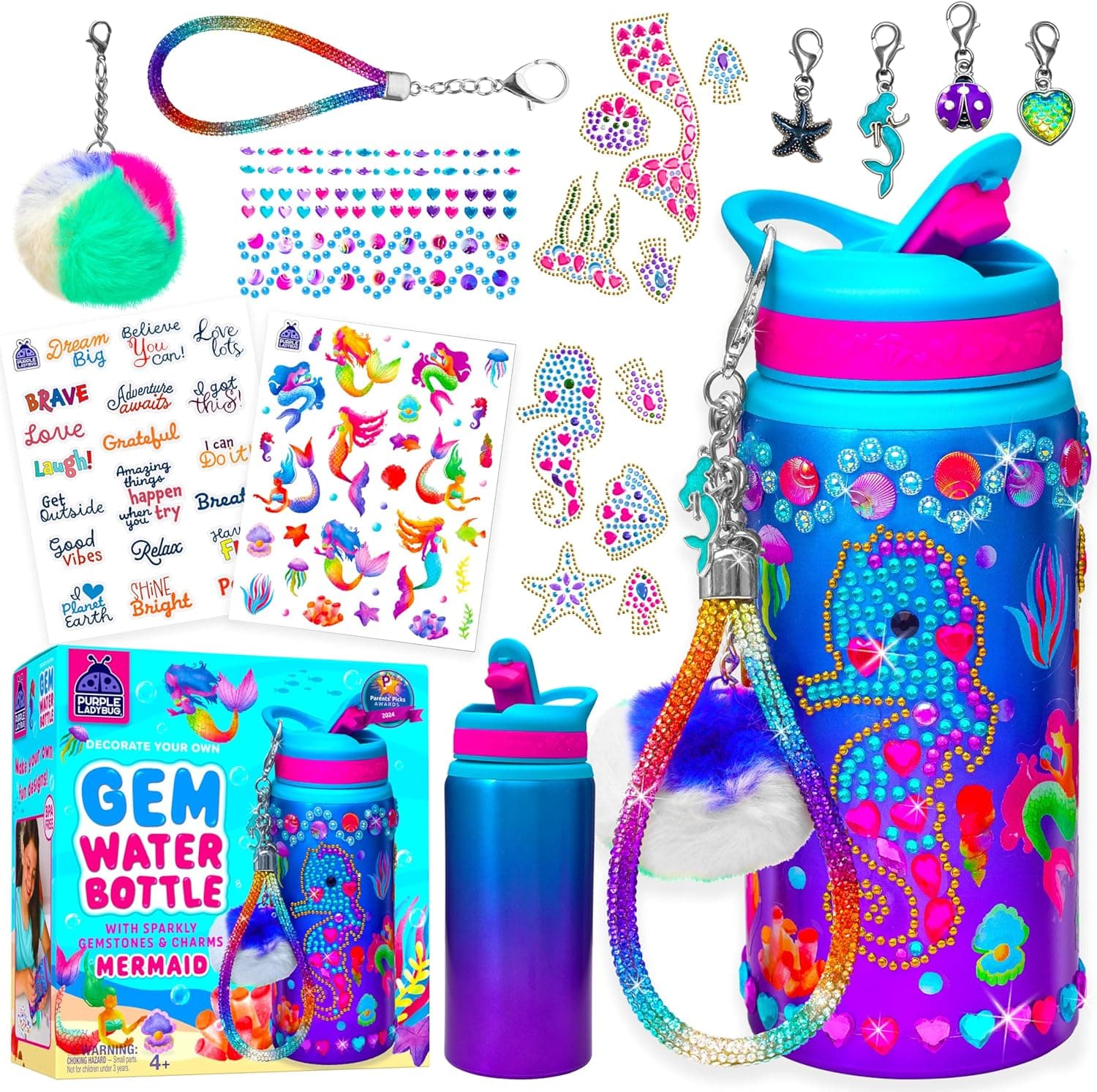 PURPLE LADYBUG Decorate Your Own Mermaid Water Bottle Craft Kit for Girls - 5 6 7 8 Year Old Girl Gift Birthday, Gifts for Kids, Craft Kit for Kids Mermaid Gifts for Girls