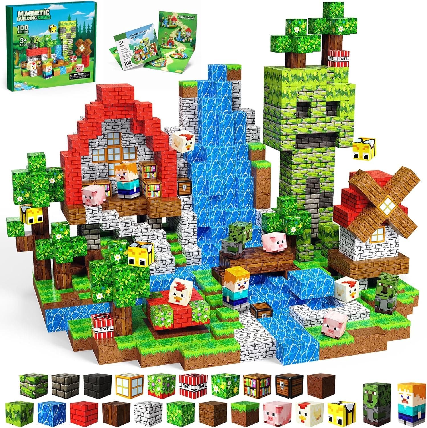 SSAWER Magnetic Blocks, 100PCS Magnetic Building Blocks, Stacking Magnets for Kids, STEM Constructions Magnet Blocks for Boys Girls Age 3+, Christmas Birthday Gifts(Green Forest)