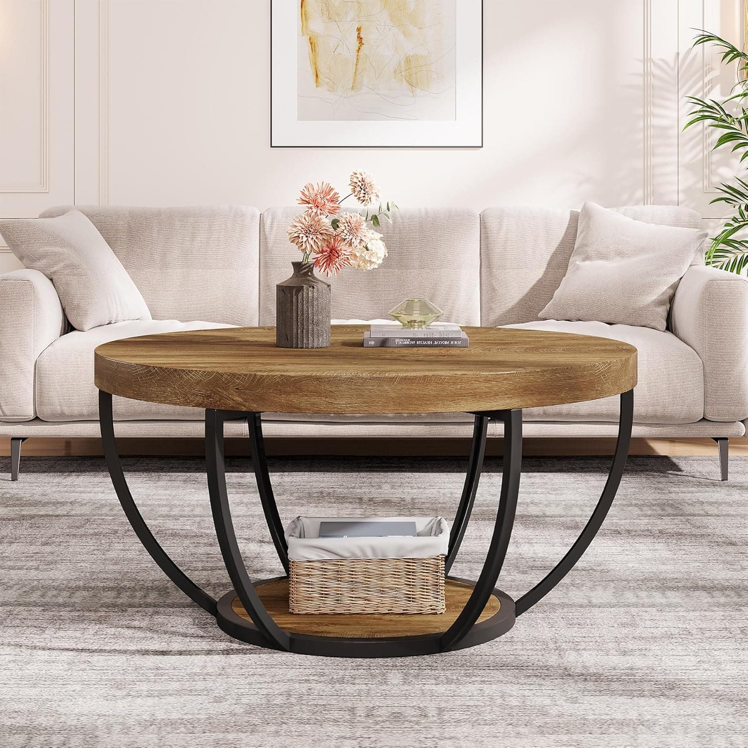 Tribesigns Round Coffee Table, Industrial 2-Tier Circle Coffee Table with Storage Shelves, Modern Wooden Accent Center Table Sofa Side Table for Living Room, Light brown